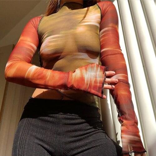 Dourbesty Hot Y2K Vintage Mesh Crop Tops Sexy See Through Patchwork Long Sleeve T-shirts Pullovers Women Autumn Harajuku Tees