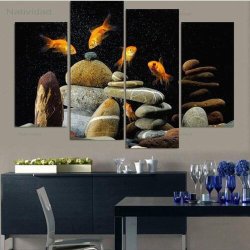 Fish Aquarium Stones Hd Printing Wall Art Posters Home Decoration Pictures for Living Room 4 Pieces Frameless Canvas Painting