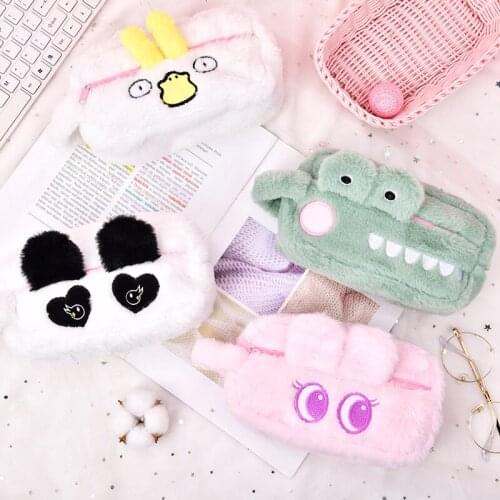 Cute Animal Stationery Box Korean Cartoon Fluffy Cute Panda Rabbit Pencil Bag Creative Student Cosmetic Bag Stationery Storage