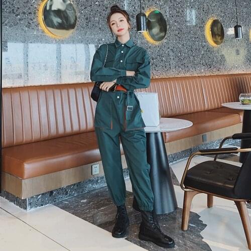 Multi-pocket Overalls 2021 Women Long Sleeve Bandage Shirt Jumpsuit Female Streetwear Hip Hop Harem One Piece Cargo Pants Sets