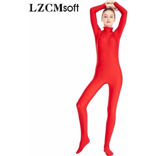 LZCMsoft Plus Size Lycra Spandex Zentai Costume Long Sleeve Turtleneck Footed Unitards Women Stretch Zip Dancewear Cosplay Suits