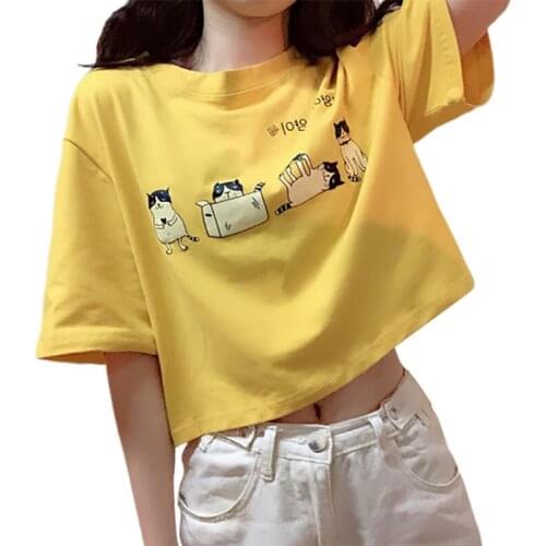 Summer Cute Graphic Women T Shirt Japanese Kawaii Cat Design Tumbl Cropped Tops Cartoon Printed Loose Casual Girls Yellow Tshirt