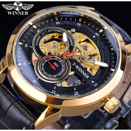 Winner 2019 Relogio Masculino Watch Mens Automatic Fashion Sport Golden Case Black Leather Band Mechanical Business Reloj Hombre