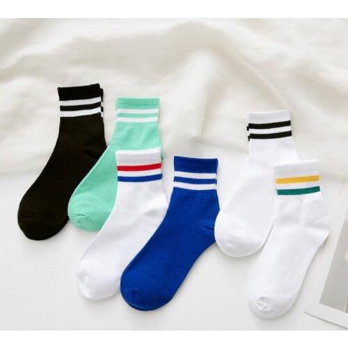 5pair Four Seasons White Women Socks Running Two Bar Striped Student Skateboarding Summer Tube Cotton Japan Harajuku Socks