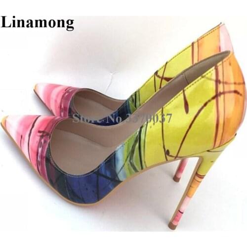 2018 New Design Women Spring Autumn Pointed Toe Printed Pumps Slip-on Mix-colors Simple High Heels Club Shoes Wedding Shoes