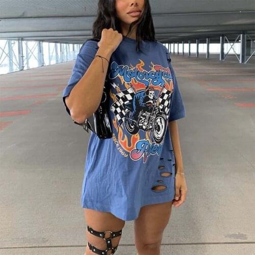 2021 summer new Europe and America loose short sleeve round neck T-Shirt Blue Hole street style printed boyfriend style