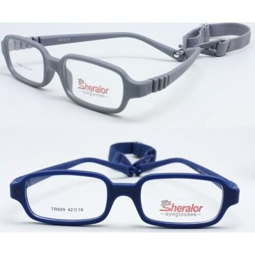 Kids prescription eyeglasses flexible hingeless rectangle TR90 size 42mm children reading glasses with elastic strap infan 689