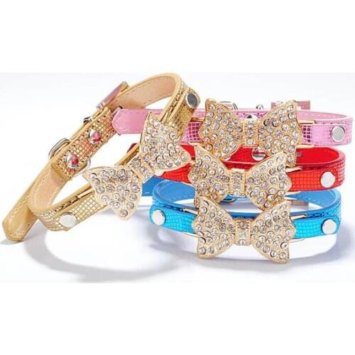 Fashion PU Leather Pet Dog Collars with Crystal Gold Bowknot Delicate Cat Necklace Dog Accessories for Small Dogs Chihuahua 20E