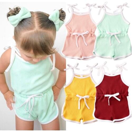 0-6Y Summer Kids Baby Girl Rompers Solid Sleeveless Strap Jumpsuits Overalls Casual Child Girl Ribbed Rompers 4Colors