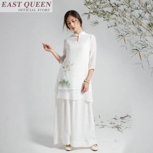 Chinese traditional sets for women elegant oriental suits set stand collar wide leg pants casual female clothing sets DD877 L