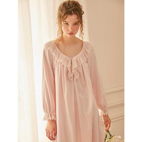Spring Autumn Cotton Womens Long Sleepwear Vintage Royal Princess V-neck Long Nightgowns Elegant Plus Night Dress