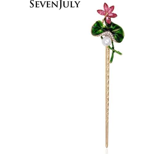 Chinese Style Enamel Lotus Leaf Hair Stick Pearl Hair Jewelry Crystal Rhinestone Flower Women Headwear