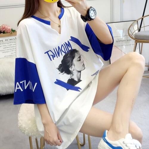 #0115 Cyan Blue Orange Short Sleeves T-shirt Women Summer Print Harajuku Pig Size Casual Loose V Neck Clothes Tops Fashion