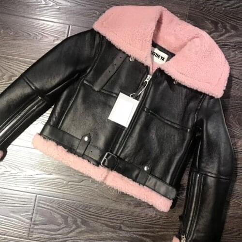 Lady genuine sheep leather with fur short jacket 100% real lambskin jacket