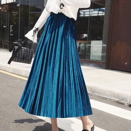Chic Women Skirts Solid Color Elastic Waistband Pleated Velvet Large Swing Vintage Long skirt women 2021