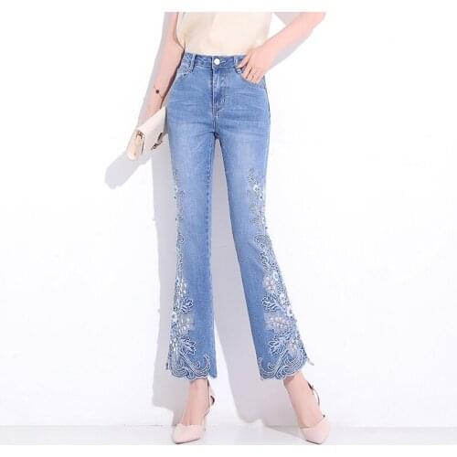 Summer Spring Women High Waist Ebmroidery Stretchy Sequined Blue Flare Jeans Pants , Woman Ankle Length Denim Trousers