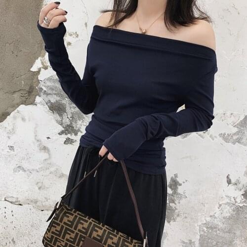 Womens 2021 Autumn New Temperament Long-Sleeved One-Shoulder Off-Shoulder Top Feminine Oblique Shoulder Base