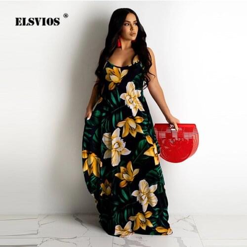 Flower Print Loose Sling Dress Women Tie-Dye Gradient Stripe Sexy Deep V Backless Long Summer Casual Pocket Sleeveless Vestidos