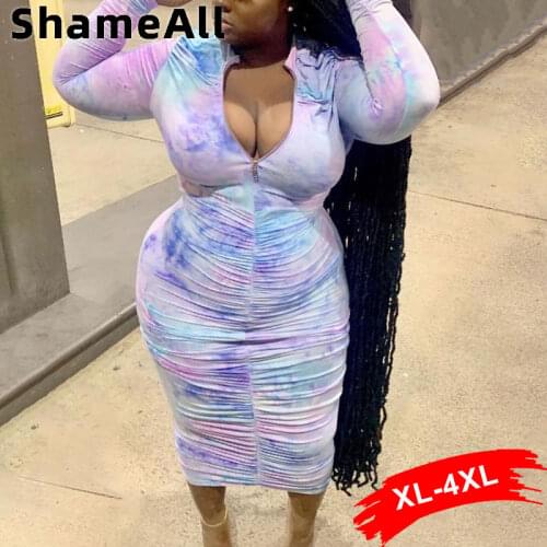 Plus Size Long Sleeve Ruched Bodycon Dresses 4XL Streetwear Zipper Crew Neck Pink Tie Dye Sexy Rayon Maxi Bandage Dress Vestidos