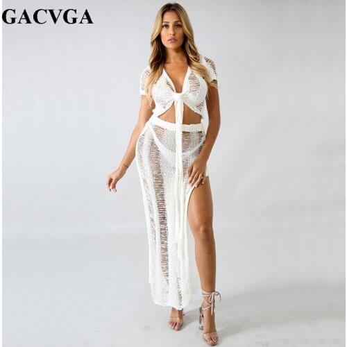 GACVGA 2019 Knitting Two Piece Women Long Maxi Dresses Sexy Hollow Out High Split Club Party Casual Vestidos