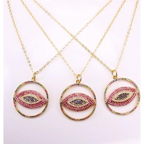 6PCS, Gold Color Rainbow Crystal Jewelry Gifts Fashion CZ Micro Pave Multi Colorful Zirconia Round Eye Pendant Necklaces