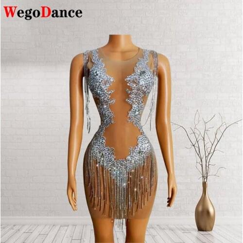 Sparkly Silver Rhinestone Fringe Transparent Mesh Evening Birthday Celebrate Outfit Women Dancer Party Show Dress