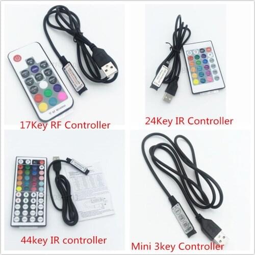 DC 5V USB LED RGB Controller Mini 3Keys Dimmer 24Key 44key IR Remoter 17Keys RF Wireless Remoter Control for USB RGB LED Strip