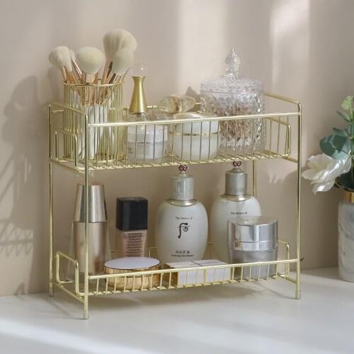 Double-Layer Iron Bathroom Countertop Shelf Storage Rack Gold Plating Nordic Style Cosmetics Makeup Organizer Basket