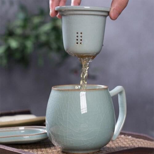 Longquan celadon tea cupCeramic Water cup Filter with lid Office Mug Household Tea Ice Cracked Tea Water Separation