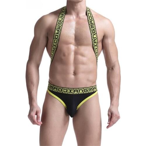 Sexy Men Bodysuits Jockstrap Mesh Wrestling Singlet Jumpsuits Leotard Halter One-piece Gay Underwear Exotic Open Butt Undershirt
