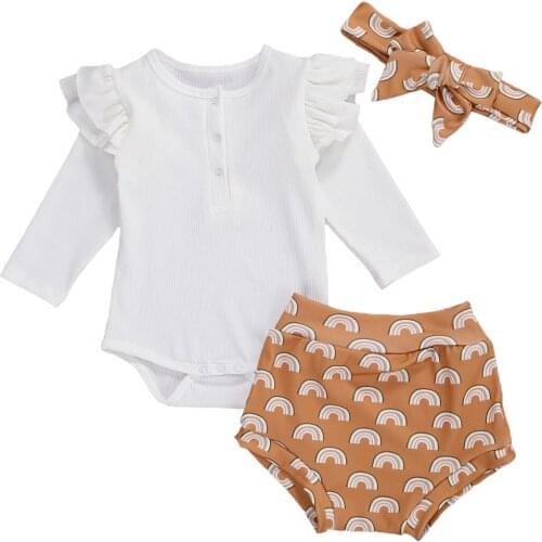 Toddler Kids Girl Clothes Set Solid Color Long Ruffle Sleeve Round Neck Romper+Sun Rainbow Print Shorts+Headband Suit 3 Pieces
