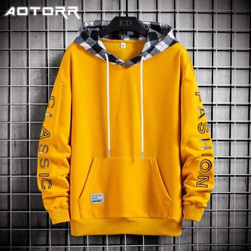 Harajuku Plaid Hoodie Mens 2021 Fashion Print Long Sleeve Top Male Autumn New Casual Loose Hooded Pullover Mens Clothing