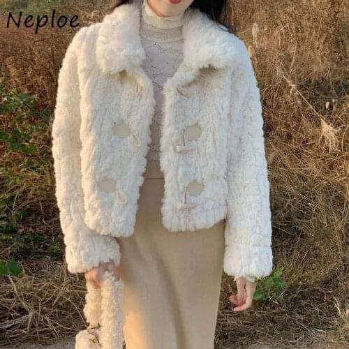 Neploe Gentle Style Horn Button Coat Woman Winter 2021 New Rex Rabbit Fur Coats Women Thick Warm Lamb Wool Plush Jackets Female