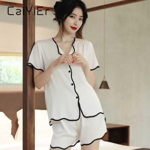 CAIYIER New Luxury White Silk Pajamas Set Summer Women Simple Soft Nightwear Solid Color Fashion Short Sleeve Homewear Suit 2XL