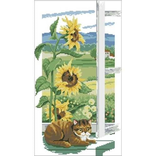 Cat under sunflower patterns Counted Cross Stitch 11CT 14CT 18CT DIY Chinese Cross Stitch Kits Embroidery Needlework Sets