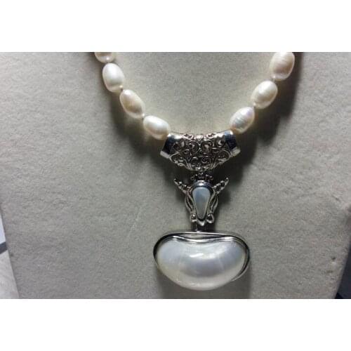 FINE JEWELRY NATURE WHITE RICE freshwater pearl NECKLACE MABE SILVER PENDANT 17inch