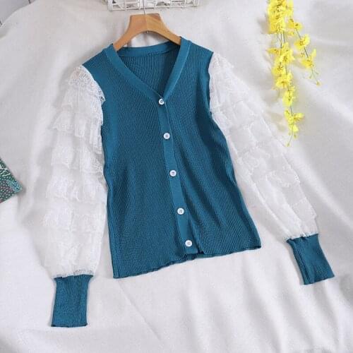 Women Summer Lantern Sleeve Ruffles Patchwork Layers Mesh Gauze Knitted Basic Shirt Vintage Elastic Cardigan Button Blouse Tops