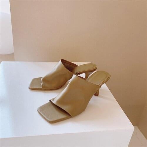 2021 New Brand Designer Square Toe Mules Heels Slippers Sandals Women Solid High Heels Women Slides Ladies Party Sandals Shoes