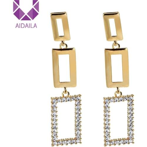 Women Long Statement Earrings Square Shape with Full Rhinestone Korean Style Punk Dangling Earrings Femme Brincos 2019 EH05202