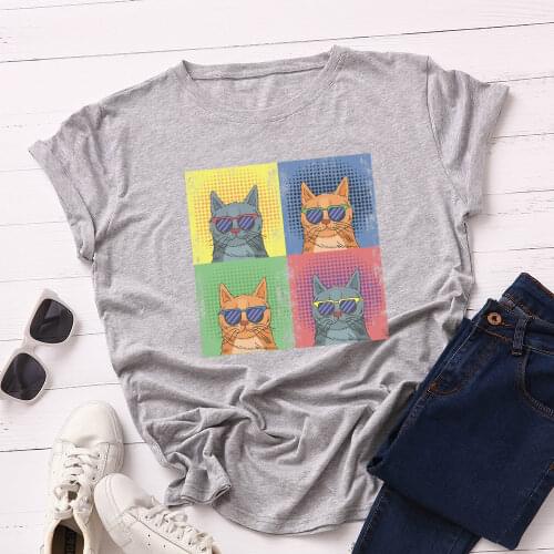 Women Short Sleeve Cotton T-Shirts Graphic Tees Cool Cat with Glasses Summer Tee Tops for Female Loose Casual Oversized Clothes