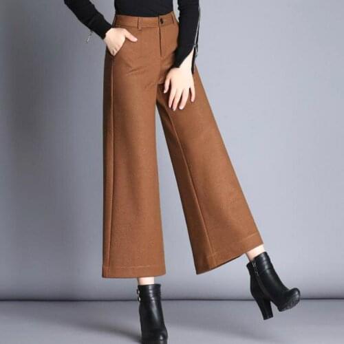 2017 Fall Winter Office Lady Woman High Waisted Wide Leg Loose Black Camel Wool Trousers , Autumn Elegant Women 4xl Woolen Pants