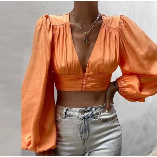 2021 Summer Women Top Deep V Neck Button Up Solid Lantern Long Sleeve Casual Sexy Elegant Party Crop Tops