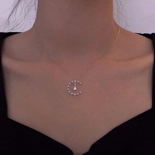 Moon Water Drop Cubic Zirconia 925 Sterling Silver Necklace For Women Girls Korean Fashion Clavicle Chain Jewelry