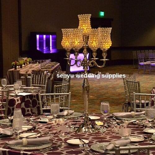 30 days sent order )5-arms metal Gold/ Silver candelabras with crystal pendants wedding candle holder Event centerpiece 10 pcs