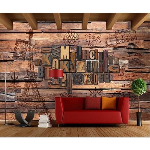 Beibehang Large Custom Wallpaper European and American Fashion Wooden Stereo English Letter Bar Restaurant Background Wall