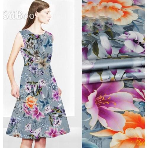 Designer purple floral print spandex silk fabric for dress stretch silk tissue cloth tela tejido 19mm SP3943 Free Ship