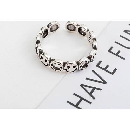 S925 Sterling Silver Rings For Women Opening Adjustable Hollow Smiley Face Geometric Design Korean Fashion Jewelry Female INEFFA