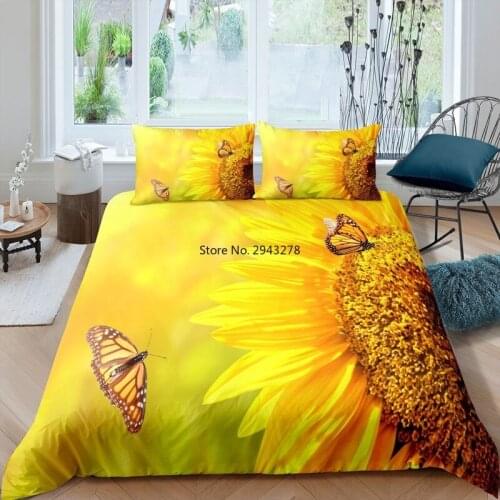 100% Polyester butterfly Printed yellow Bedding Set Sunflower Comforter Duvet Cover 2/3pcs Set 200x200 King Twin Size Bedclothes