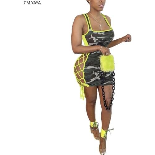 Summer Women Camouflage Sleeveless Lace Up Hollow Out Sexy Bodycon Midi Mini Dress Night Club Party Bodycon Tank Dresses Vestido