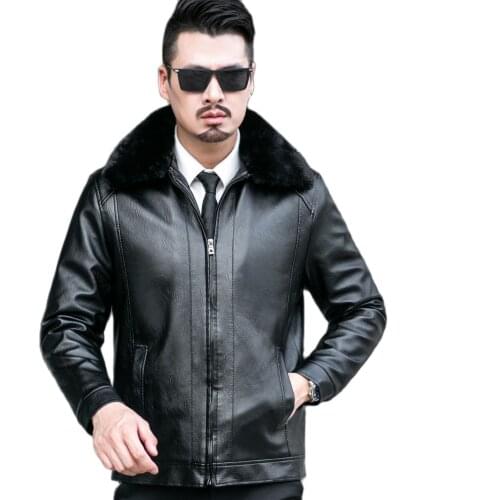 2021 New Mens Leather Jacket Fathers Winter Warmth Big Fur Collar Warm Jacket Pu Leather Mens Jacket Trend